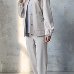 Solid Color Loose Fit Long Sleeve Button Pocket Top and Casual Pants Set
