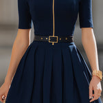Navy Collared Zip-Front Pleated Mini Dress