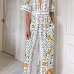 Natural Charm Linen Blend Floral Print Short Sleeve Pocketed Wide Leg Jumpsuit