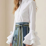 Flared Sleeves Bow-Embellished Falbala Solid Color Lapel Blouses&Shirts Tops