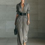 Ladies Lapel Long Sleeve Single Breasted Belt Maxi Dress