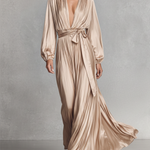 Women's Light Luxury Khaki Acetate Satin Deep V-neck, Waist-cinching, Tie-belt Long Dress