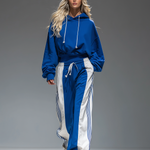 Retro Sporty Hoodie And Striped Wide-leg Pants Set