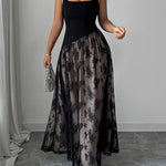 High Waisted Sleeveless Contrast Color Flower Print Split-Joint Zipper Square-Neck Maxi Dresses