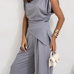 Jordy Ruched Shoulder Slit Top and Elastic Waist Pocketed Wide Leg Pants Set