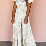 White Ditsy Floral Smocked Puff Sleeve High Waist Jumpsuit