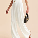High Waisted Loose Buttoned Pleated Solid Color Pants Trousers