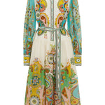 Unique Print Balloon Sleeve Belt Shirt Midi Dress