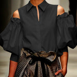 Long Sleeves Loose Pleated Solid Color Cold Shoulder Blouses&Shirts Tops