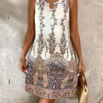 A-Line Loose Hollow Printed U-Neck Mini Dresses