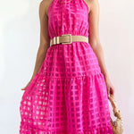 Loose Sleeveless Plaid Ribbed Stand Collar Maxi Dresses