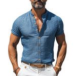 Men's Spring And Summer Fashion Casual Cotton Blend Stand Collar Slim Fit Wooden Button Short Sleeve Shirt