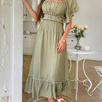 A-Line High Waisted Pleated Ruffle Trim Split-Joint Zipper Square-Neck Midi Dresses