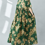 Half Sleeves Loose Flower Print Pleated Pockets Round-neck Midi Dresses