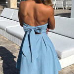 A-Line Loose Backless Pleated Solid Color Split-Joint Tied Tube Mini Dresses
