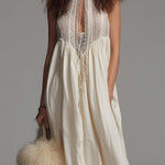 Bohemian Cotton Maxi Dress With Keyhole Neckline And Lace Trim