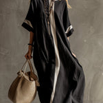 Stylish Urban Patchwork Black Cotton And Linen Short-sleeved Maxi Dress