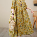 Loose Raglan Sleeve Floral Printed Pleated Split-Joint Round-Neck Midi Dresses