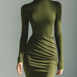 Women's Army Green Stretch Knit High Neck Pleated Slim Fit Maxi Dress