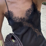 Asymmetric Satin Dress With Lace - Black