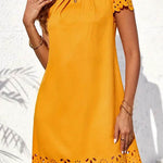 Loose Short Sleeves Hollow Pleated Solid Color Split-Joint Round-Neck Mini Dresses