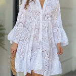 A-Line Flared Sleeves Buttoned Hollow Solid Color Split-Joint V-Neck Mini Dresses