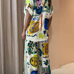 Sun Tribe Satin Unique Print Button Down Oversized Blouse