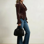 Elasticated Waist Flared Sleeves Buttoned Pleated Ruffled Solid Color Split-Joint Deep V-Neck Blouses&Shirts Tops