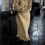 High Waisted Long Sleeves Fringed Solid Color Round-Neck Midi Dresses Sweater Dresses