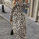 Elasticated Waist High Waisted Contrast Color Leopard Pleated Split-Joint V-Neck Maxi Dresses