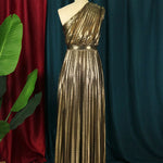 High Waisted Loose Asymmetric Pleated Shiny Solid Color One-shoulder Maxi Dresses
