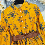 A-Line Elasticated Waist Belted Buttoned Contrast Color Flower Print Pleated Split-Joint Lapel Maxi Dresses Shirt Dress