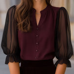 Sheer Puff Sleeve Button-Up Blouse