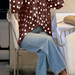 Polka Dot Print Tie-waist Lantern Sleeve Elegant Loose Shirt