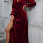A-Line High Waisted Elasticity Solid Color Split-Front Split-Joint Tied Waist Velvet V-Neck Maxi Dresses
