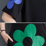 Loose Short Sleeves Floral Printed Split-Joint Round-Neck Midi Dresses