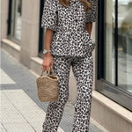 Enjoy Everyday Leopard Print Puff Sleeve Babydoll Top and Elastic Waist Pocketed Pant Set