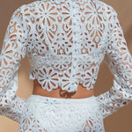 Balmy Summers Crochet Lace Floral Pattern Long Sleeve Crop Vacation Top