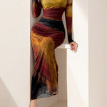 Bodycon High Waisted Contrast Color Pleated Printed Split-Joint Round-Neck Maxi Dresses