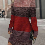 Long Sleeves Loose Contrast Color Printed Split-Joint Round-Neck Midi Dresses