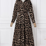 High Waisted Long Sleeves Buttoned Leopard Lapel Maxi Dresses