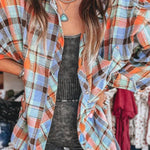 Orange Plaid Print Pocket Loose Shirt