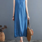 A-Line Loose Buttoned Pleated Solid Color Round-Neck Midi Dresses