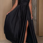 Solid Color Suspender Back Pleated Elegant Slit Full Hem Maxi Dress