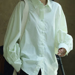 Casual Loose Puff Sleeves Solid Color Lapel Blouses