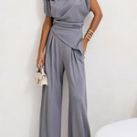 Jordy Ruched Shoulder Slit Top and Elastic Waist Pocketed Wide Leg Pants Set