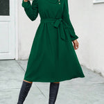 A-Line Long Sleeves Buttoned Solid Color Tied Waist Asymmetric Collar Midi Dresses
