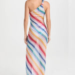 Vacay Charm Knit Colorful Zigzag Pattern One Shoulder Slit Maxi Dress