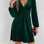 A-Line High Waisted Knot Pleated Solid Color Split-Joint Velvet Deep V-Neck Mini Dresses
