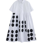 A-Line Loose Buttoned Pockets Polka Dot Printed Lapel Midi Dresses